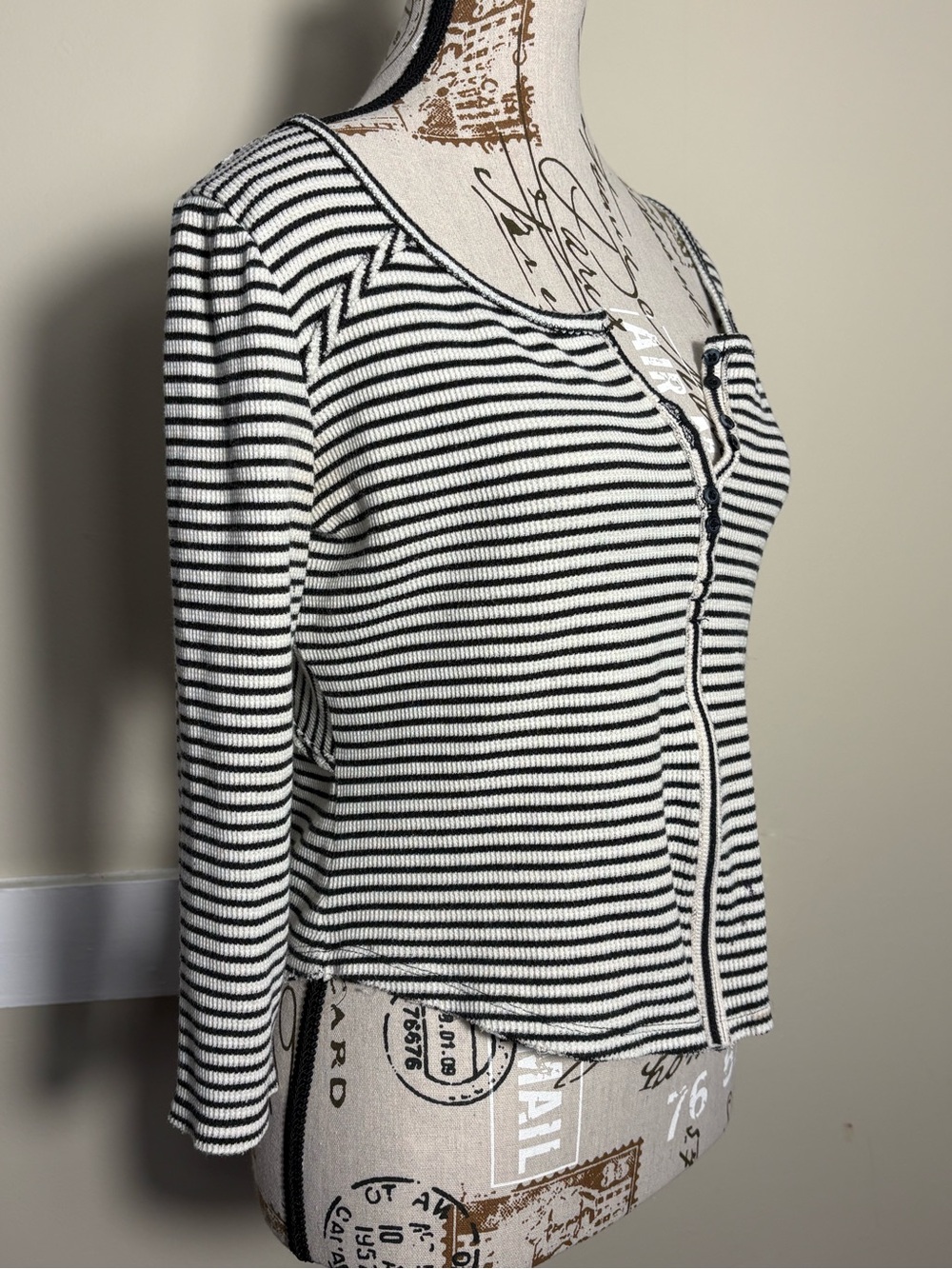 Free People We The Free Striped Thermal Henley Top Raw Seam Boho L - Picture 6 of 13